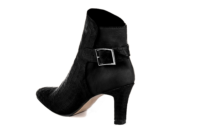 Satin black women's ankle boots with buckles at the back. Round toe. High kitten heels. Rear view - Florence KOOIJMAN